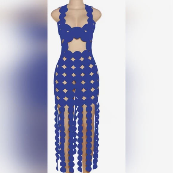 *Womens Hollow Sleeveless Backless Cutout Fringe Bodycon Dress Top Blue Sz Large - Picture 2 of 10